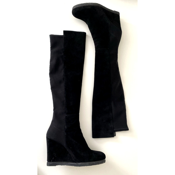 Stuart Weitzman Demiswoon Boot Tall Stretch Back Suede Wedge Round Black… - Picture 4 of 9